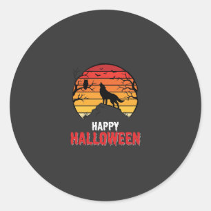 Pegatina Redonda Vector Lobo Atardecer Feliz Halloween