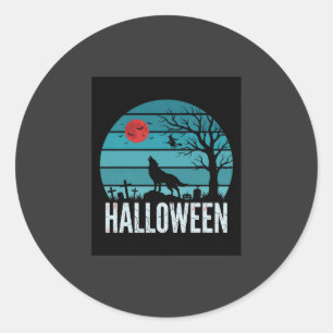 Pegatina Redonda Vector Luna Cementerio Lobo Halloween