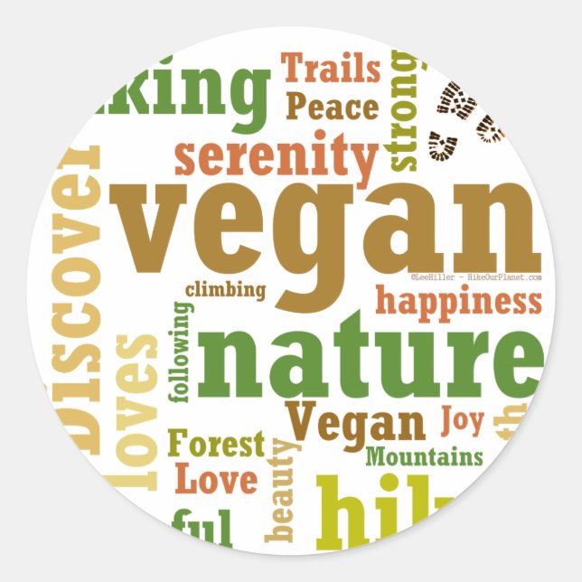 Pegatina Redonda Vegan Hiker Hiking Word Cloud (Anverso)
