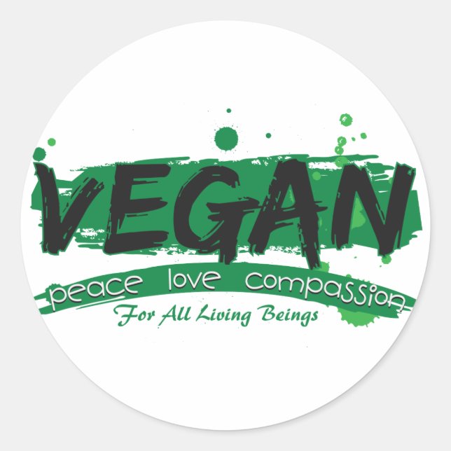 Pegatina Redonda Vegan Peace Love Compasión (Anverso)