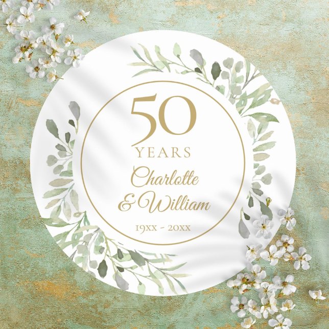 Pegatina Redonda Vegetación acuática 50 aniversario Boda (Watercolor Greenery 50th Wedding Anniversary Classic Round Sticker)
