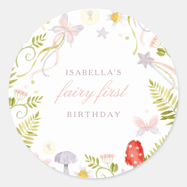 Pegatina Redonda Vegetación de acuarela mágica Fairy First Cumpleañ (Anverso)