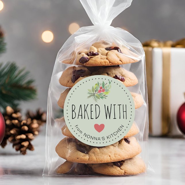 Pegatina Redonda Vegetación festiva festividad horneada con amor (Festive Holiday Greenery Baked With Love Classic Round Sticker)