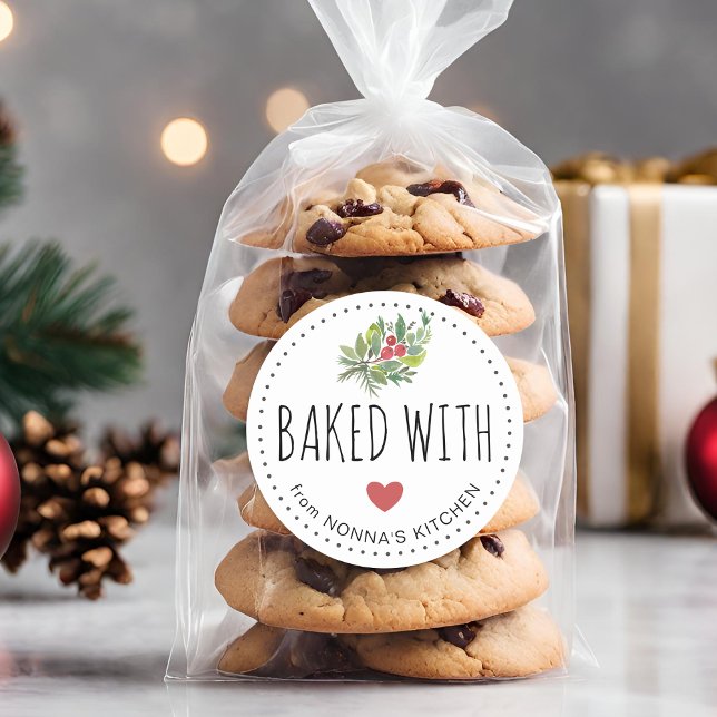 Pegatina Redonda Vegetación festiva festividad horneada con amor (Festive Holiday Greenery Baked With Love Classic Round Sticker)