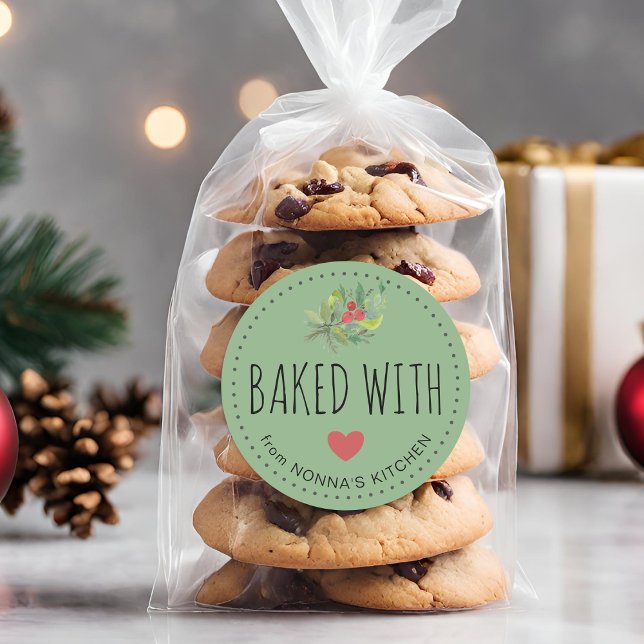 Pegatina Redonda Vegetación festiva festividad horneada con amor (Festive Holiday Greenery Baked With Love Classic Round Sticker)