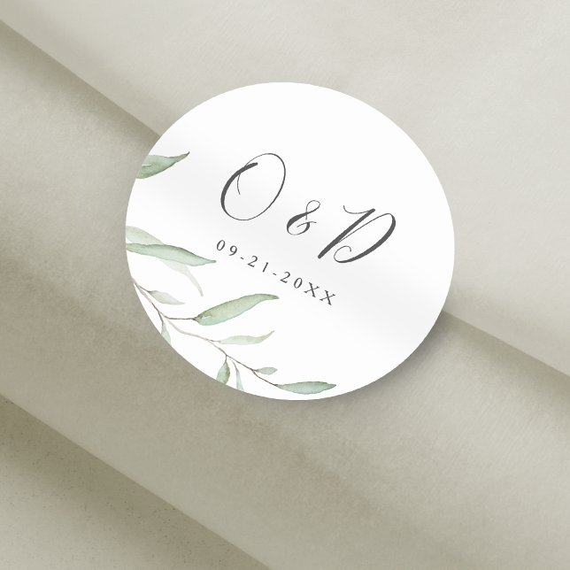 Pegatina Redonda Vegetación mínima en monograma de boda (Minimal greenery monogram wedding favor classic round sticker)