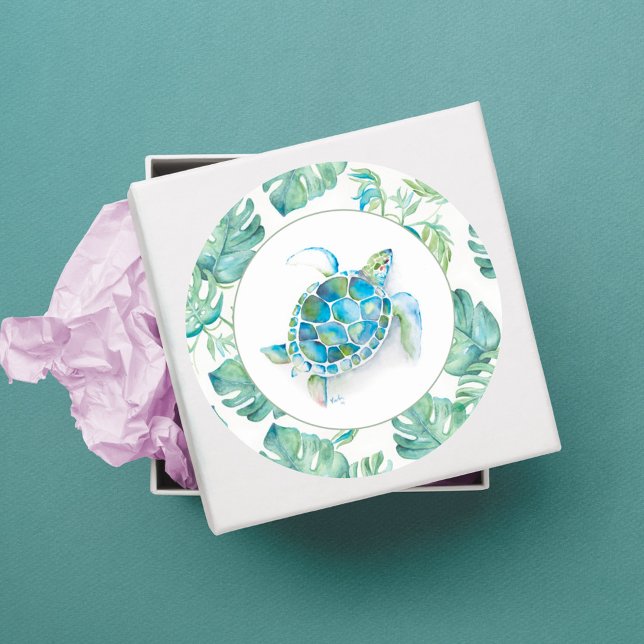 Pegatina Redonda Vegetación tropical de la tortuga azul del mar tro (tropical party favor sticker sea turtle palm leaves gift wrapping supplies)