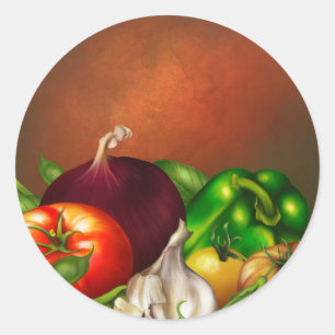 Pegatina Redonda Vegetales y hierbas Alimentos ecológicos para la v