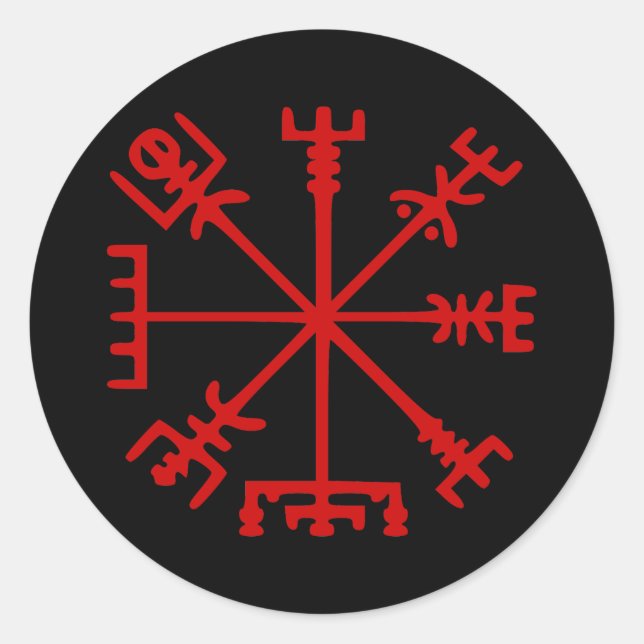 Pegatina Redonda Vegvísir Rojo Sangre (Vegvísir Viking Compass) (Anverso)