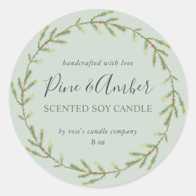 Pegatina Redonda Vela de soja casera Pine Sprig Personalizado Green (Anverso)