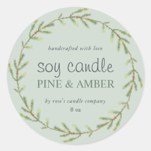 Pegatina Redonda Vela de Soja Casera Sprig de Pino Verde Personaliz