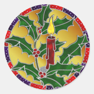 Pegatina Redonda Vela y acebo del vitral