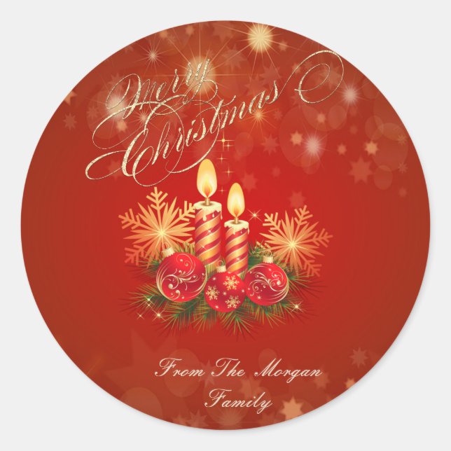 Pegatina Redonda Velas de Navidad rojas elegantes, bolas, copos de  (Anverso)