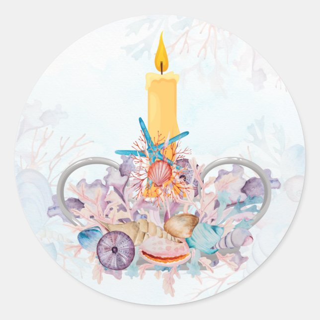 Pegatina Redonda Velas de vacaciones con cascos y corales (Anverso)