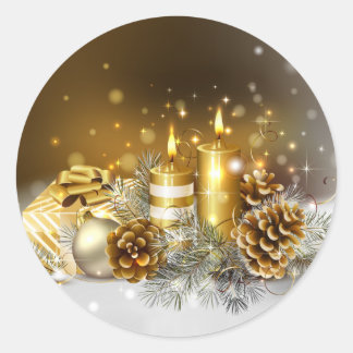 Pegatina Redonda Velas doradas Feliz Navidad