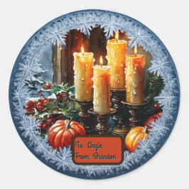 Pegatina Redonda Velas Navideñas Personalizables en Copo de Nieve