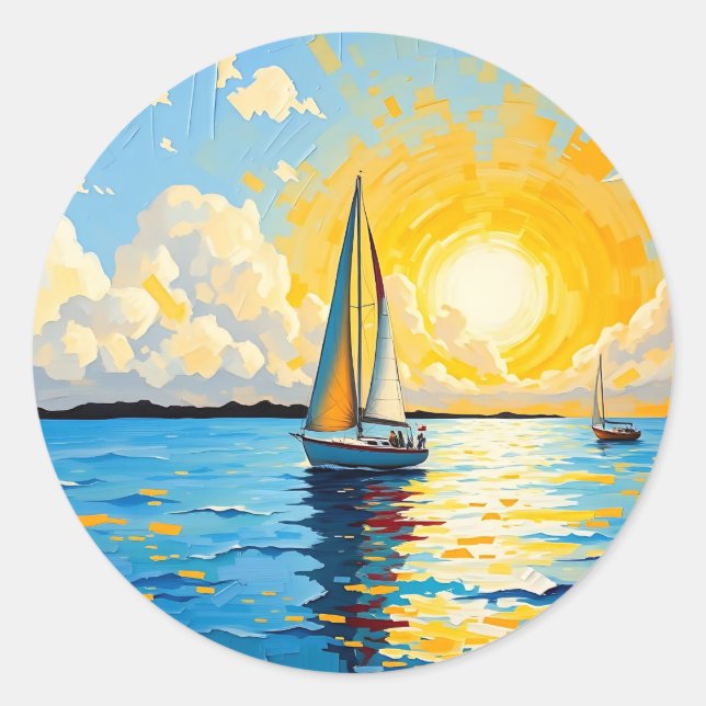 Pegatina Redonda Velero al atardecer (Anverso)