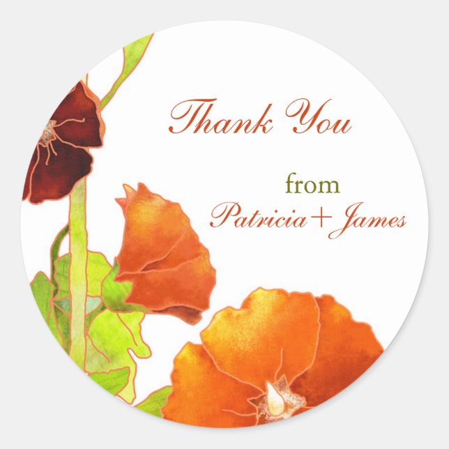 Pegatina Redonda Velvety Red Hollyhocks Boda Gracias (Anverso)