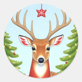 Pegatina Redonda Venado en invierno Wonderland Scene