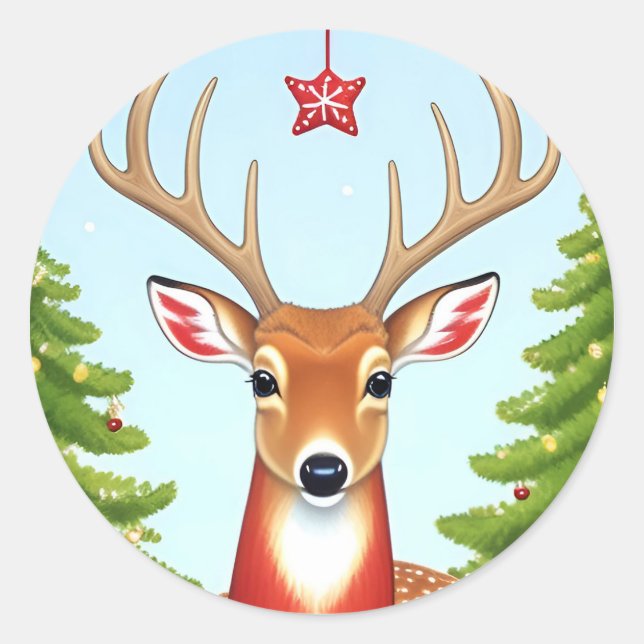 Pegatina Redonda Venado en invierno Wonderland Scene (Anverso)