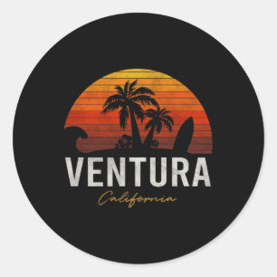 Pegatina Redonda Ventura Beach California Palms Vacation Surf Sundo