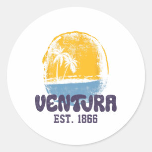 Pegatina Redonda Ventura California Retro Surfista Playa Vintage Pa