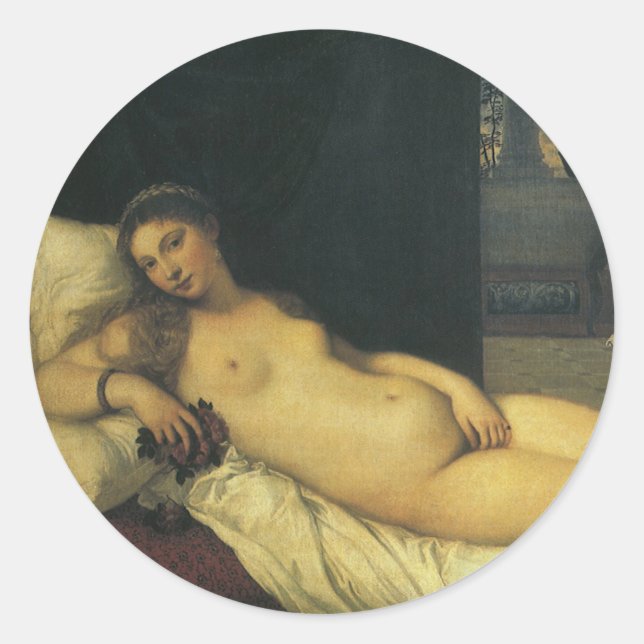 Pegatina Redonda Venus de Urbino por Tiziano, arte renacentista (Anverso)