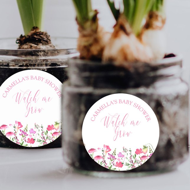Pegatina Redonda Ver el Baby Shower Grow Pink Wildflower (Watch me Grow baby shower favor stickers from my Pink Wildflower Collection. )