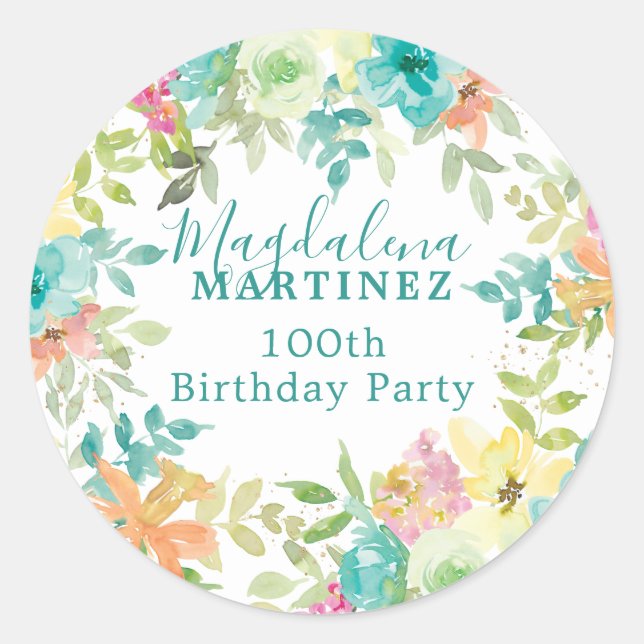 Pegatina Redonda Verano acuarela Personalizado Floral 100 cumpleaño (Anverso)