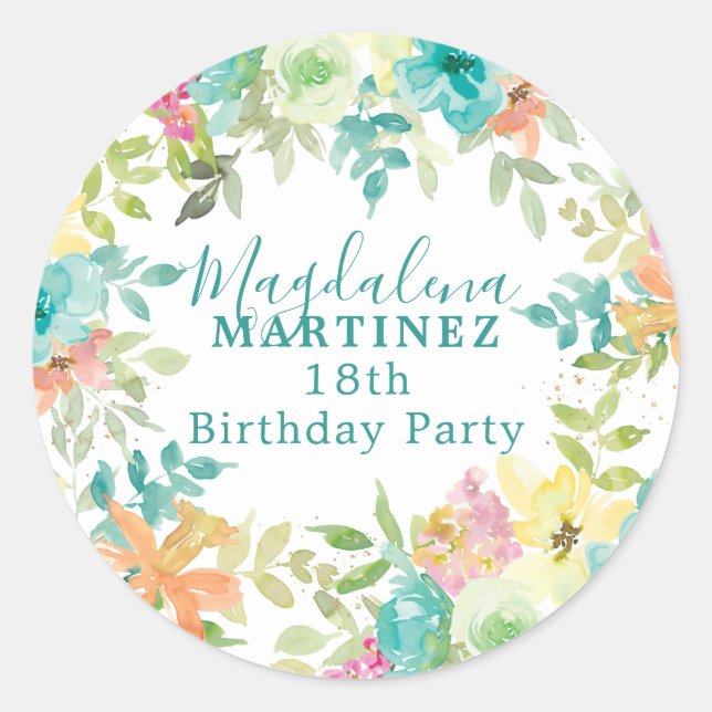 Pegatina Redonda Verano acuarela Personalizado Floral 18 cumpleaños (Anverso)