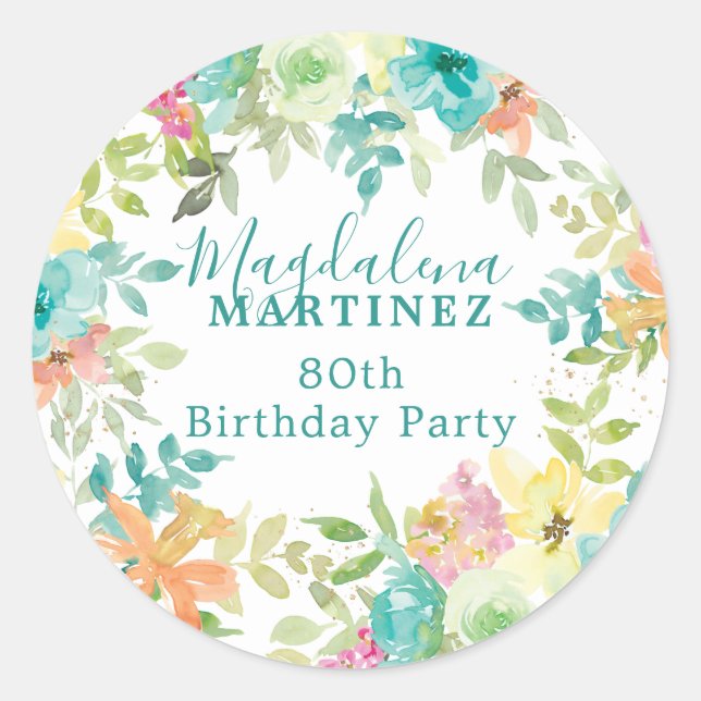 Pegatina Redonda Verano acuarela Personalizado Floral 80 cumpleaños (Anverso)