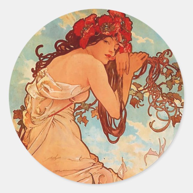 Pegatina Redonda Verano de Alphons Mucha (Anverso)