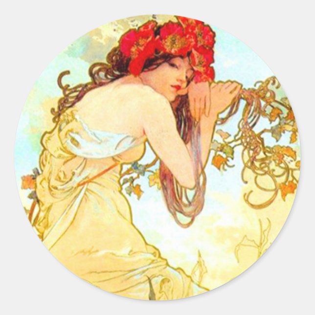 Pegatina Redonda Verano de Art Nouveau de Alphonse Mucha (Anverso)