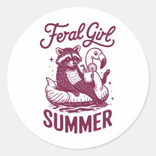Pegatina Redonda Verano de Chica Feral Mapache Vacaciones Panda Bas