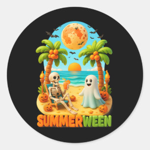 Pegatina Redonda Verano entre Skeleton Ghost Beach Palm Halloween S