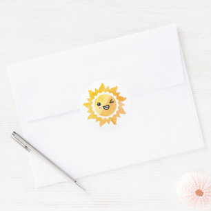 Pegatina Redonda Verano lindo Feliz Winter Sol Cara Emoji Blanco