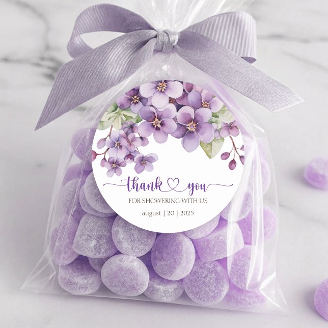 Pegatina Redonda Verano Morado Flores Violetas Delicadas Gracias (Summer Purple Delicate Violet Flowers Thank You Classic Round Sticker)