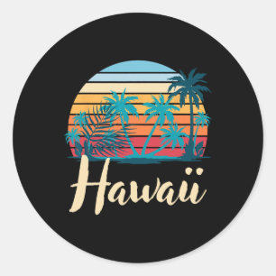 Pegatina Redonda Verano Retro Hawaiano de Vacaciones Palmeras Tropi