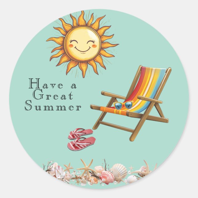 Pegatina Redonda Verano Sun Beach Silla gafas de sol Rojo Flip FLop (Anverso)