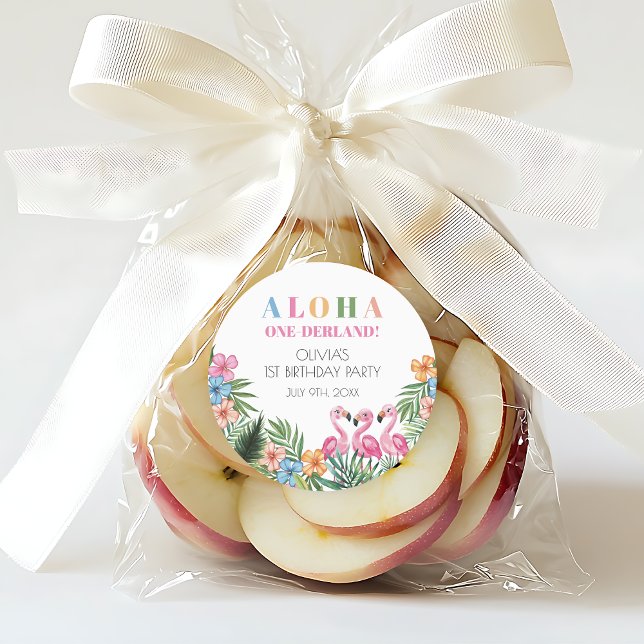 Pegatina Redonda Verano Terrestre Tropical Flamingo 1er cumpleaños (Onederland Summer Tropical Flamingo 1st Birthday Classic Round Sticker)