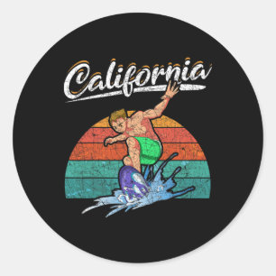Pegatina Redonda Verano Tropical De Surf Californiano Surfista Retr