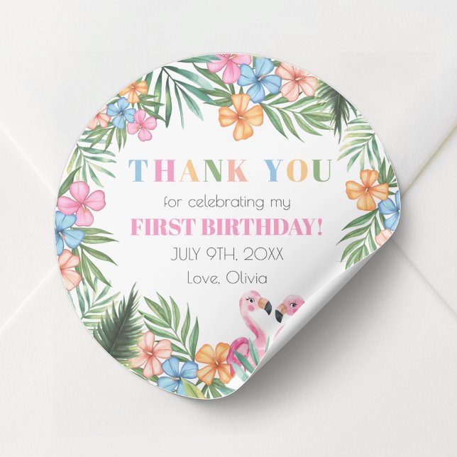 Pegatina Redonda Verano tropical Flamingo niños primer cumpleaños (Tropical Summer Flamingo Kids First 1st Birthday Classic Round Sticker)