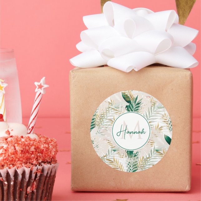 Pegatina Redonda Verano Tropical Green Gold Palm Foliage (Fiesta)