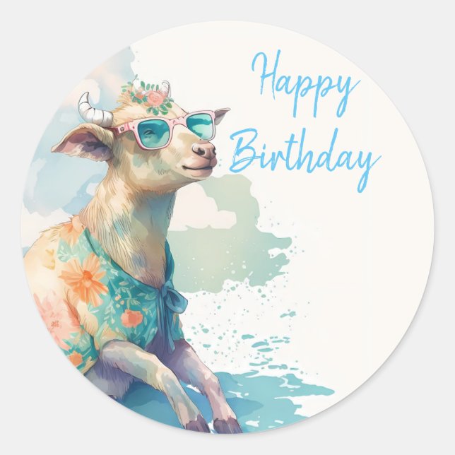 Pegatina Redonda Verano Vibes acuarela Cabra - Feliz cumpleaños (Anverso)