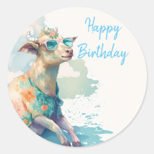 Pegatina Redonda Verano Vibes acuarela Cabra - Feliz cumpleaños