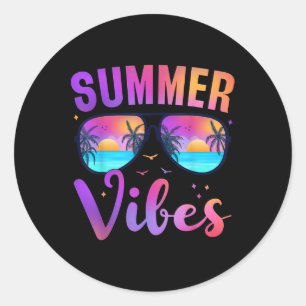 Pegatina Redonda Verano Vibes Palm Sungles 70 Beach Life Retro Sum