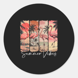 Pegatina Redonda Verano Vibes Playa Flamingo Pink Palm Tree