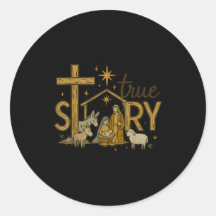 Pegatina Redonda Verdadera Historia Natividad Navidad Niño Jesús Re