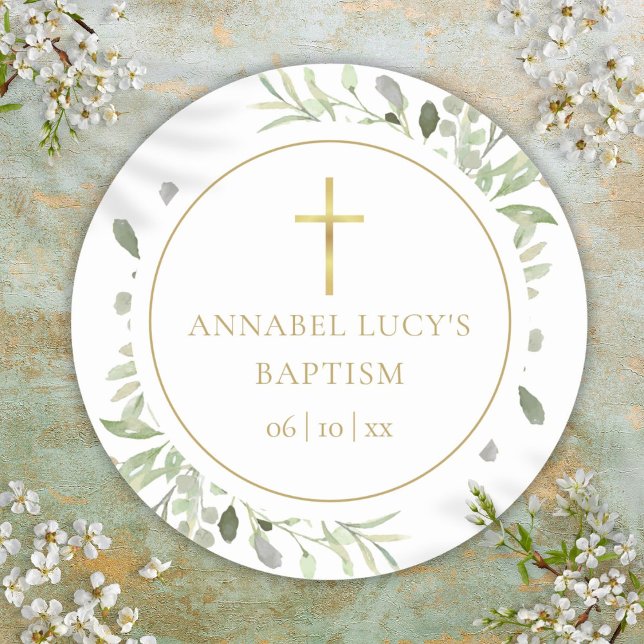 Pegatina Redonda Verde acuarela Bautizo (Watercolor Greenery Baptism Christening Classic Round Sticker)