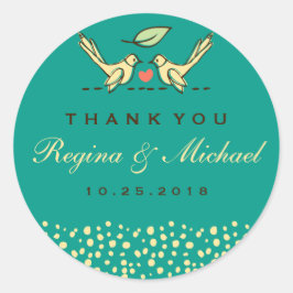 Pegatina Redonda Verde azulado Aves de Amor Azul Doodle Boda Favor 